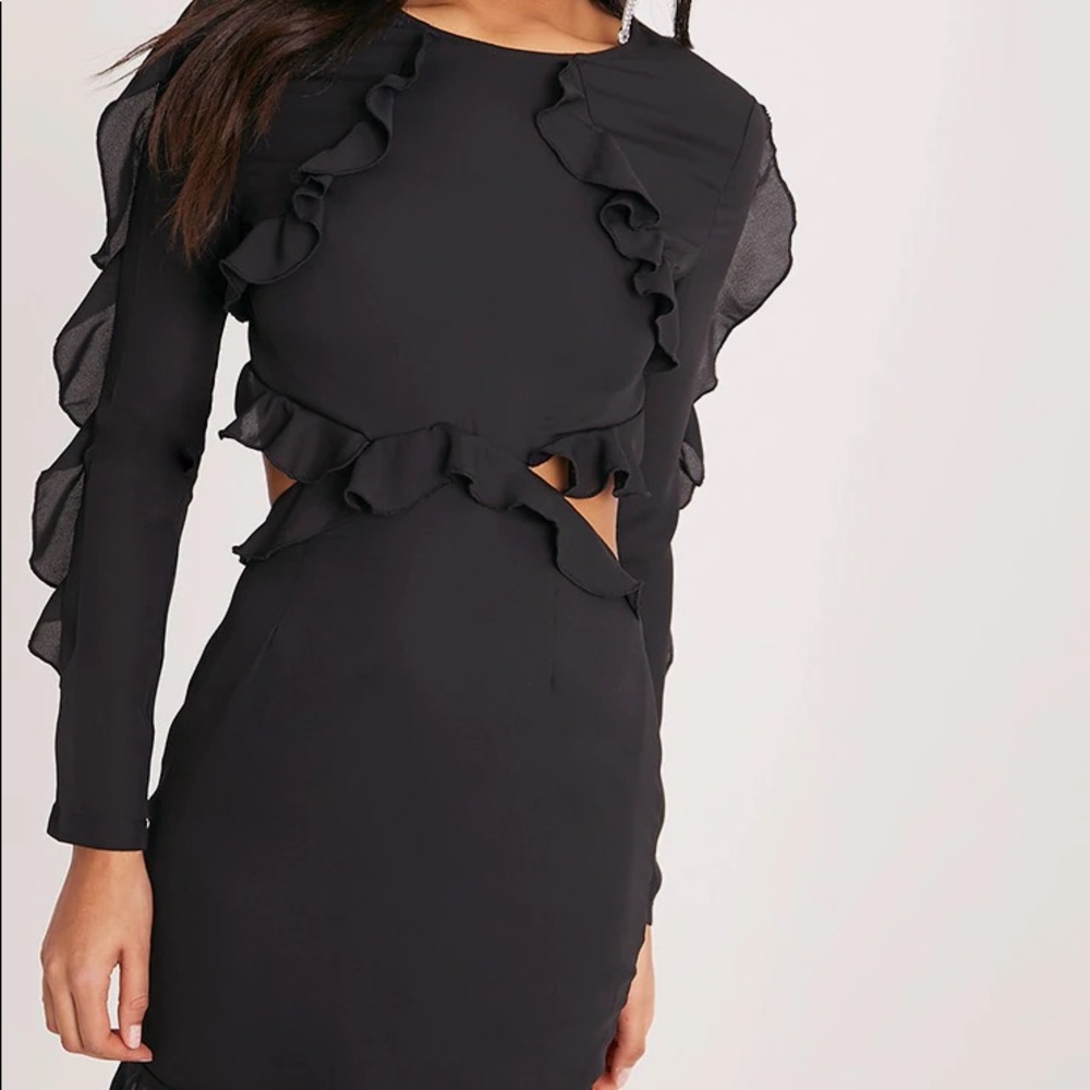 Open back black ruffle trim dress